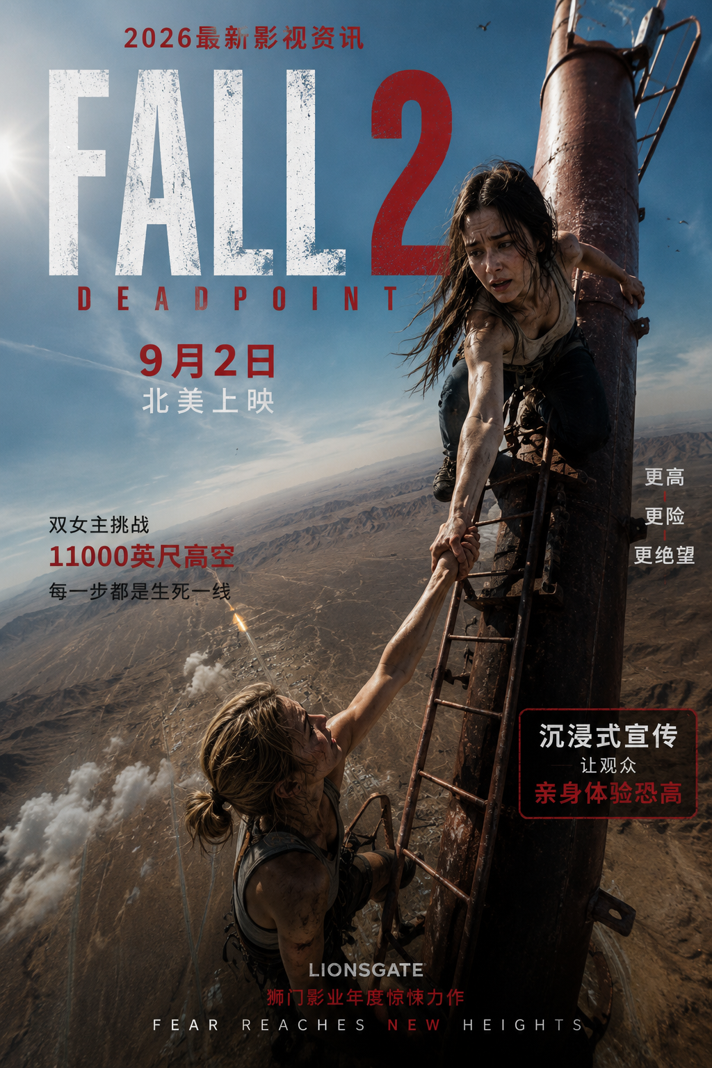 《Fall 2: Deadpoint》2026最新影视资讯：9月2日北美上映，双女主挑战11000英尺高空，狮门影业推出沉浸式宣传让观众亲身体验恐高
