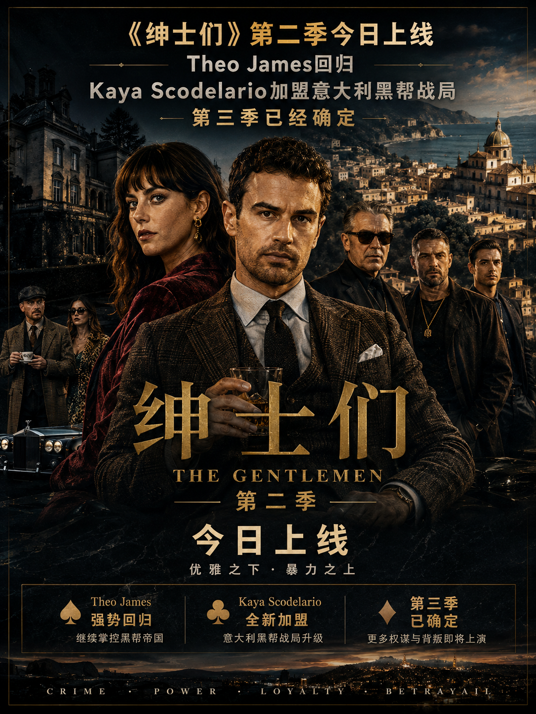 《绅士们》第二季今日上线：Theo James回归，Kaya Scodelario加盟意大利黑帮战局，第三季已经确定